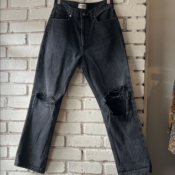 Agolde Denim - Agolde womens Relaxed Black Distressed Jeans cropped